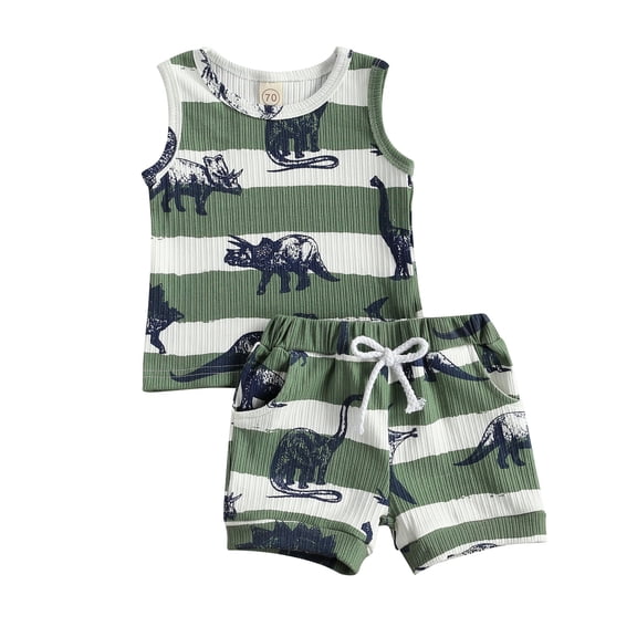 2Pcs Newborn Baby Boy Summer Clothes Dinosaur Printed Ribbed Tank Top Shorts Set 3-6 Months 3M 6M 12M 18M 24M