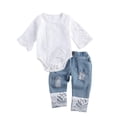 thumbnail image 1 of 2Pcs Newborn Baby Girls Flare Sleeve Lace Floral Romper Bodysuit Denim Jeans Pants Outfits Set, 1 of 6