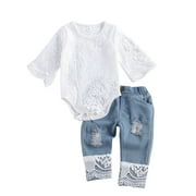 2Pcs Newborn Baby Girls Flare Sleeve Lace Floral Romper Bodysuit Denim Jeans Pants Outfits Set