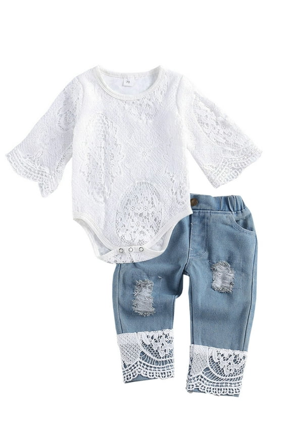 2Pcs Newborn Baby Girls Flare Sleeve Lace Floral Romper Bodysuit Denim Jeans Pants Outfits Set