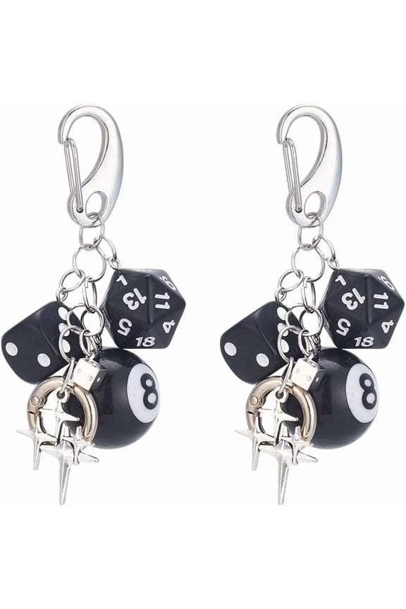 2Pcs No.8 Ball Cute Dice Charm Keychain Acrylic Black Star Dice Billiards Keychain with Alloy Spring Gate Rings Bag Hanging Accessories for DIY Woman Man Bag Purse Handbag