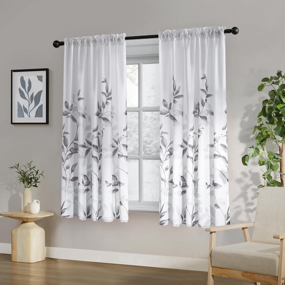 2Pcs Non-See-Through Light Grey and White Privacy Sheer Curtains Leaf Floral Printed Light Filtering Window Curtains Drapes for Bedroom Living Room Short Curtains for Bathroom