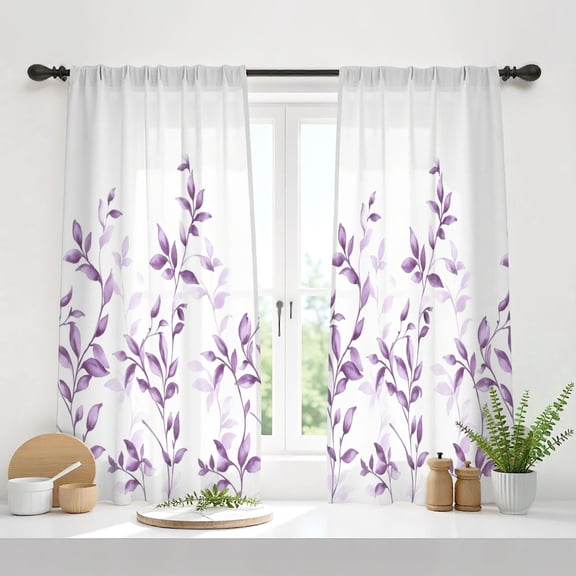 2Pcs Non-See-Through Light Grey and White Privacy Sheer Curtains Leaf Floral Printed Light Filtering Window Curtains Drapes for Bedroom Living Room Short Curtains for Bathroom