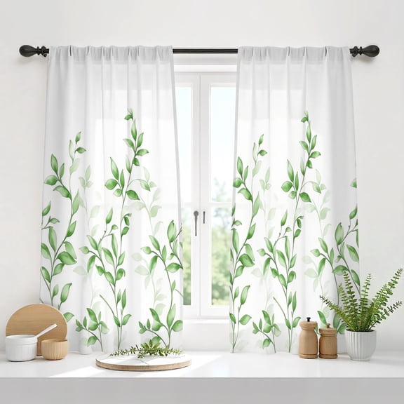 2Pcs Non-See-Through Light Grey and White Privacy Sheer Curtains Leaf Floral Printed Light Filtering Window Curtains Drapes for Bedroom Living Room Short Curtains for Bathroom