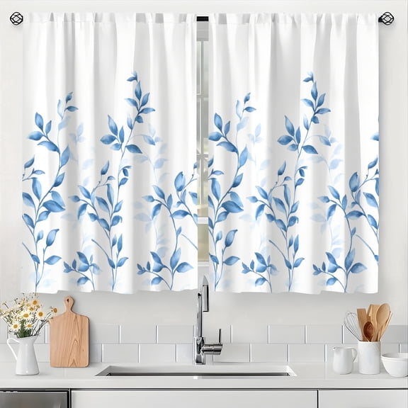 2Pcs Privacy Sheer Light Blue Botanical Leaves Floral Kitchen Window Curtains Over Sink Boho Farmhouse Flower Leaf Small Window Treatment, 28x40in