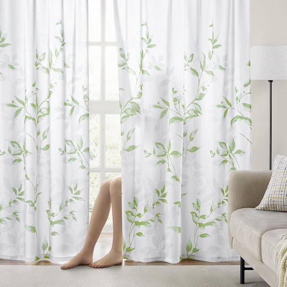 2Pcs Privacy Sheer Curtains Sage Green Botanical Leaves Floral Kitchen Window Curtain Over Sink Boho Farmhouse Flower Leaf Small Window Treatment, 52x63in