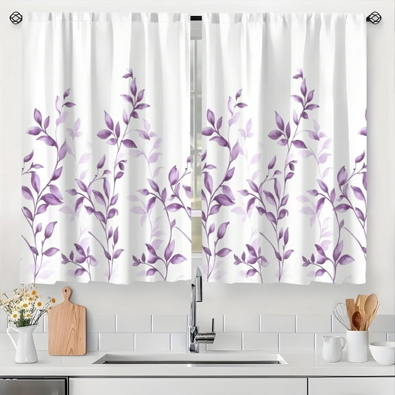2Pcs Privacy Sheer Curtains Light Purple Botanical Leaves Floral Kitchen Window Curtain Over Sink Boho Farmhouse Flower Leaf Small Window Treatment, 28x40in