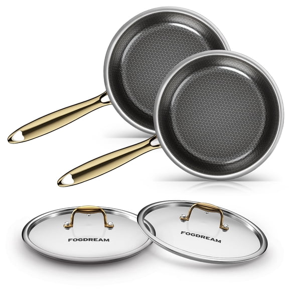 BEF 6Pcs Non-Stick Frying Pan Set with Lids, 10 & 11 Inch Ceramic Coated Skillets, Dishwasher and Oven Safe, Suitable for All Cooktops, Gold