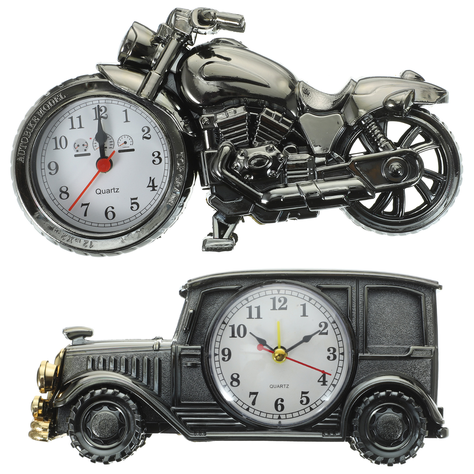 2Pcs Novelty Alarm Clock Motorcycle Table Desk Time Clock Car Shaped
