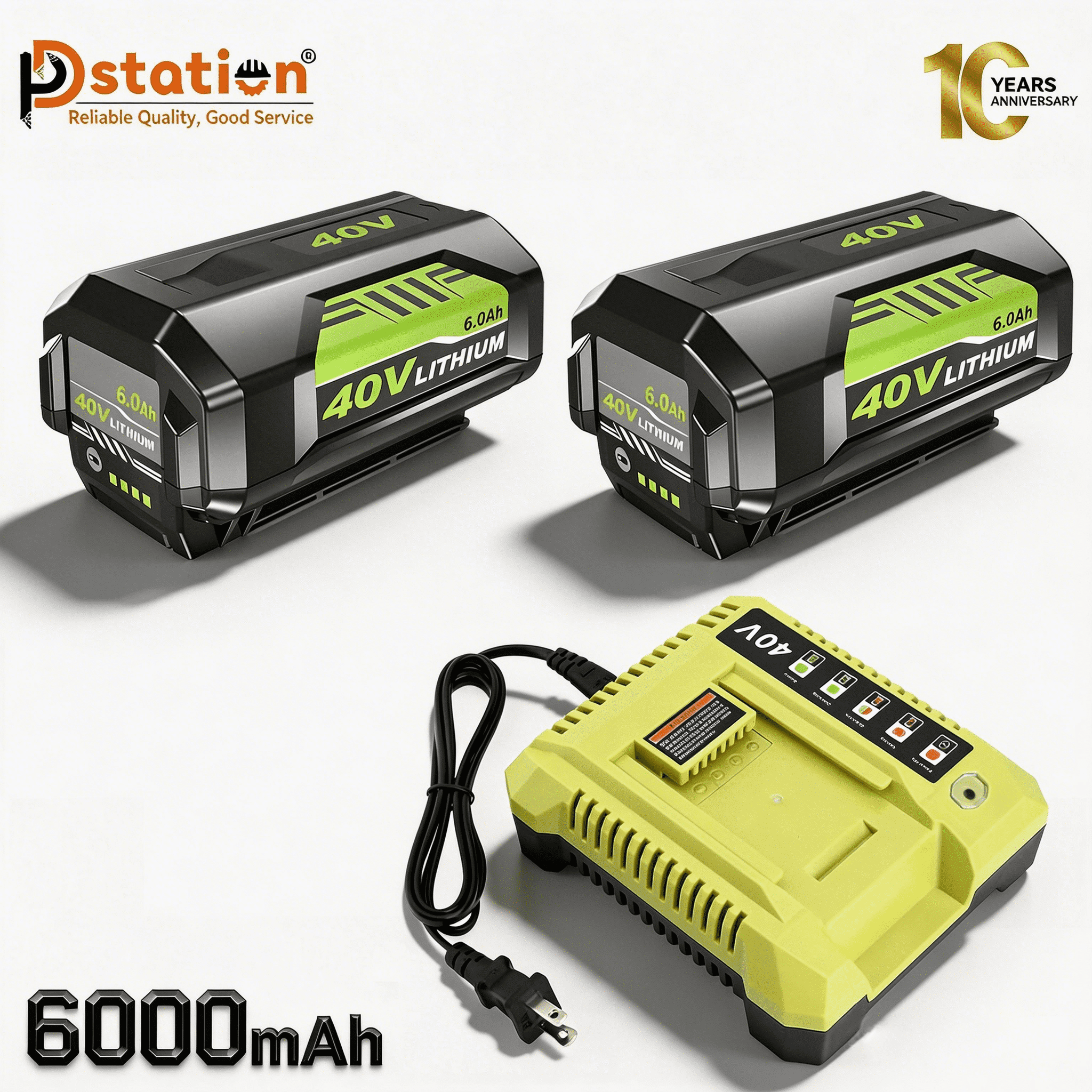 2Pcs OP4040 40V 6.0Ah Lithium-Ion Battery and OP401 Rapid Battery Charger Combo Kit Replace for Ryobi 40 Vlot Power Tools Battery OP4026 OP40602 OP4050A OP4040 OP4030 and Fast Charger