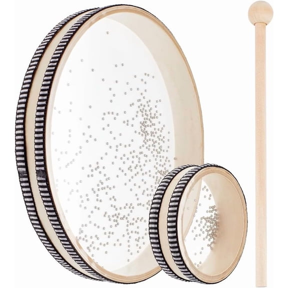 2Pcs Ocean Sound Drum with 1Pc Drumstick 10/4 Inch Wave Bead Hand Drum Sound Drum Percussion Wave Drum Sea Sound Drum with Hardwood Shell Musical Instrument Percussion for Home Supplies DIYDIY