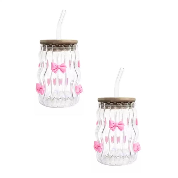 2Pcs Offer Countdown! Cute Big Belly Cup With Lid Glass Cup Bow Pattern Cup Household High Temperature Milk Cup Glass&Bottle Practical Home Decor