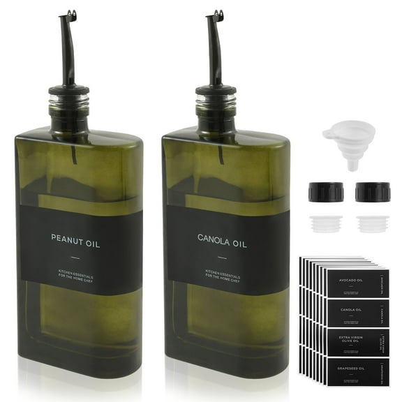 2Pcs Olive Oil Dispenser Glass Bottle 500 ml Large Capacity Kitchen Oil Dispenser with Silicone Funnel and Label Soy Sauce Vinegar Pourer Bottle Avoid Sunlight for Cooking
