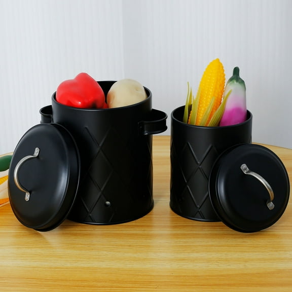 2Pcs Onion Storage Canister 2 Sizes Potato Storage Bins Carbon Steel Garlic Storage Bin Breathable Vegetable Storage Tins Practical Potato and Onion Storage for Home Kitchens