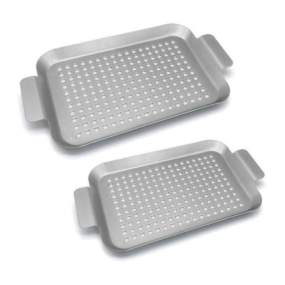 2Pcs Outdoor Frying Pan Grill Tray Metal Grill Plate BBQ Grill Pan With Holes And Handle Oven Baking Dish Cookie Tray