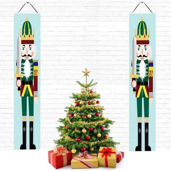 2Pcs Outdoor Indoor Christmas Banner Knight Soldier Model Nutcracker Banners For Front Porch Garden Home Holiday Xmas Party Decoration