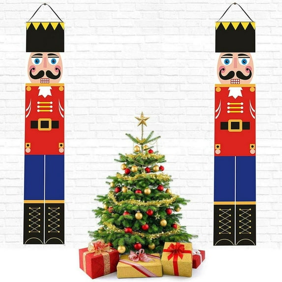 2Pcs Outdoor Indoor Christmas Banner Knight Soldier Model Nutcracker Banners For Front Porch Garden Home Holiday Xmas Party Decoration