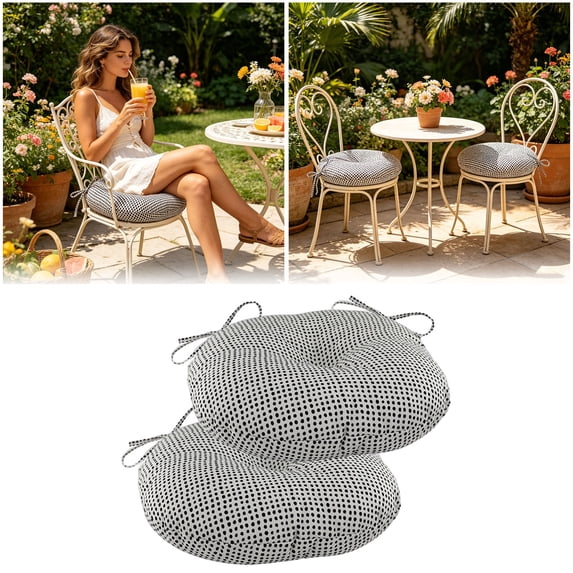2Pcs Outdoor Round Chair Cushions With Ties, Water Repellent Tufted Patio Seat Cushions, Thick Bistro Chair Pads For Garden, Dining, Bar Stool 15.0X3.1" Happy 2026!