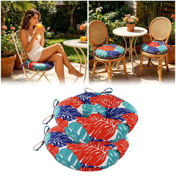 2Pcs Outdoor Round Chair Cushions With Ties, Water Repellent Tufted Patio Seat Cushions, Thick Bistro Chair Pads For Garden, Dining, Bar Stool 15.0X3.1" Happy 2026!