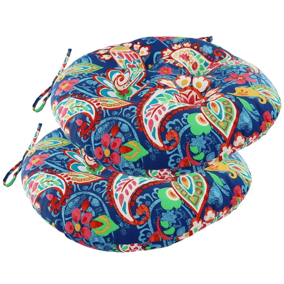2Pcs Outdoor Round Chair Cushions With Ties, Water Repellent Tufted Patio Seat Cushions, Thick Bistro Chair Pads For Garden, Dining, Bar Stool 15.0X3.1" Happy Day!