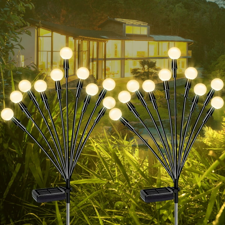 2Pcs Outdoor Solar Garden Firefly Lights 10 LED Warm White Lights Solar Powered Firefly Flickering String Lights Color Changing RGB Lights for