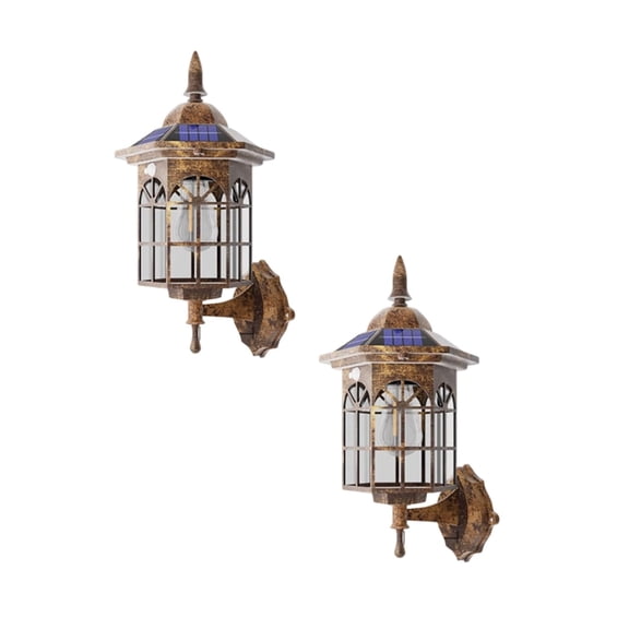 2Pcs Outdoor Solar Wall Light, Rustic Lantern Wall Mounted Light Fixture, Retro Exterior Bulb Holder with Dusk to Dawn Sensor, Classic Design Porch Light for Garden, Patio, Yard