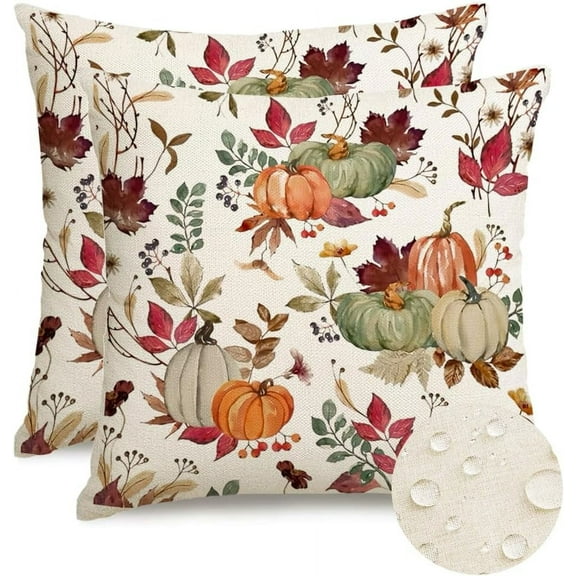 2Pcs Outdoor Waterproof Fall Pillow Covers 18x18 Inch, Fall Outdoor Pillows Case, Pumpkin Autumn Thanksgiving Throw Pillows for Porch Maple Leaf