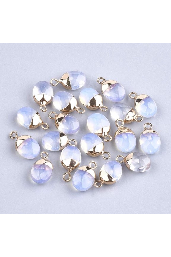 2Pcs Oval Electroplate Opalite Charms Natural Opalite Gemstone Charms 14x8x5mmmm Faceted Oval Golden Pendants with Iron Findings 1.8mm Hole Ideal