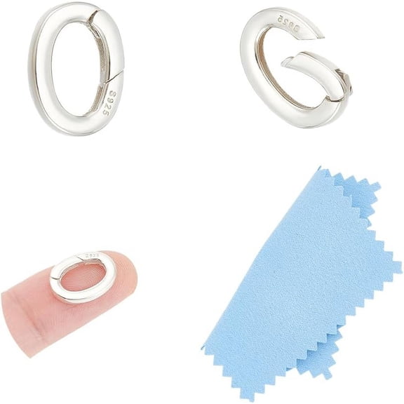 2Pcs Oval Spring Gate Rings 1Pc Suede Fabric Square Silver Polishing Cloth 925 Sterling Silver Plated 14x10x2mm