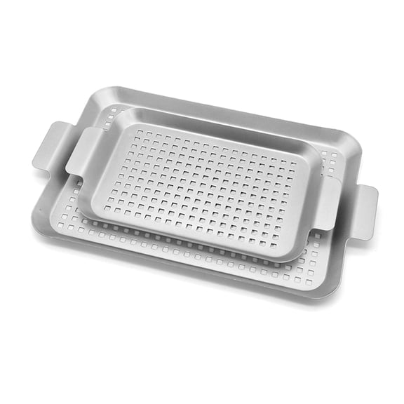 2Pcs Oven Baking Dish Cookie Tray With Holes and Handle Outdoor Frying Pan Grills Pan For Indoor Cooking Barbecue Tray