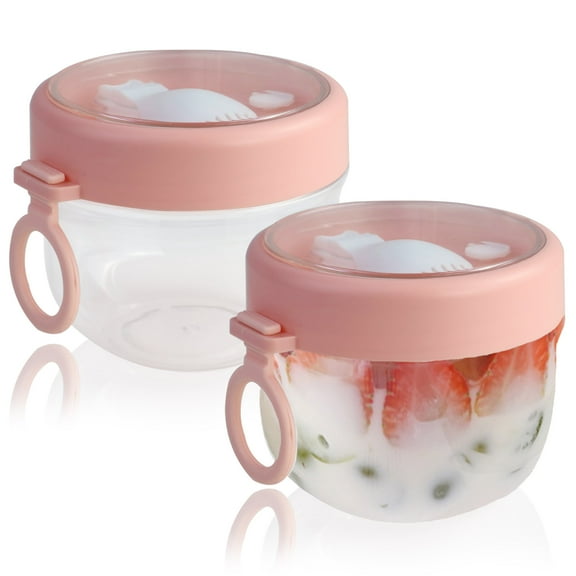 2Pcs Overnight Oats Containers with Lids Spoon 20 oz, Portable Plastic Yogurt Jars, Breakfast on the Go Cups for Adults, Meal Prep Oatmeal Jars for Milk Cereal Fruit Snack, Pink