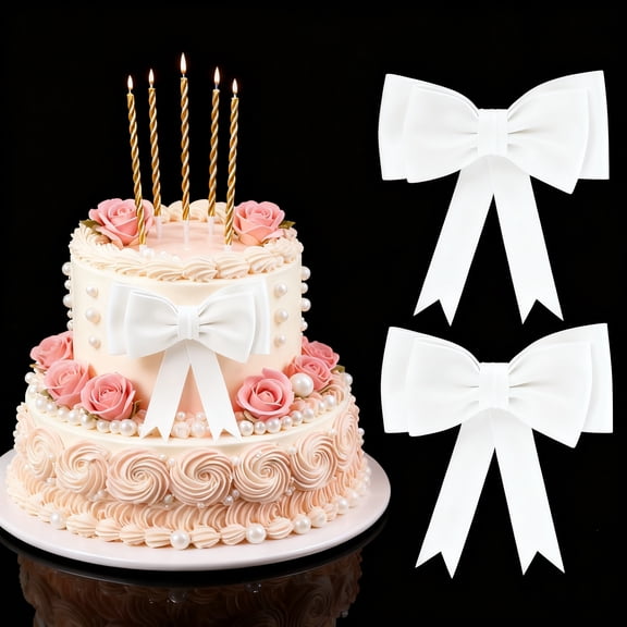 2Pcs Oversized Bow Birthday Cake Toppers Princess Cake Topper Wedding Cake Pick EVA Foam Bowknot Cake Decorations for Baby Shower Birthday Wedding Party Cake Decorations, White