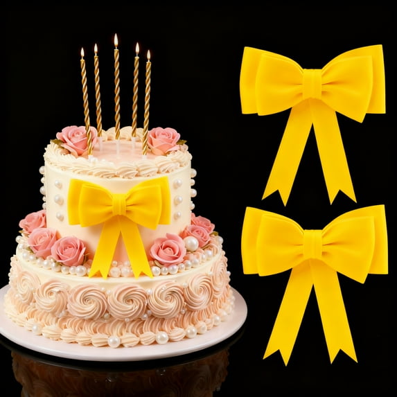 2Pcs Oversized Bow Birthday Cake Toppers for Women, EVA Foam Bowknot Cake Decorations Princess Cake Topper for Cake Decor Girl Baby Shower Party Supplies, Yellow