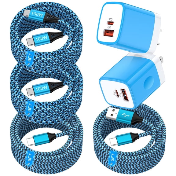 2Pcs PD & QC 20W Dual Port Charger Block with 2Pcs 6FT PD Type C Charging Cables & 2Pcs 6FT USB A to USB C Cables, Fast Charging Block Compatible with iPhone 17 16 15 14, Samsung, Android Phone, Blue