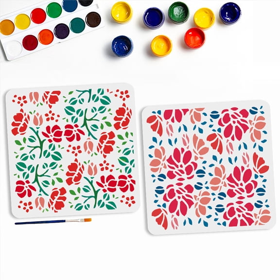 2Pcs PET Hollow Out Drawing Painting Stencils with 1Pc Art Paint Brushes Flower 300x300mm for DIY