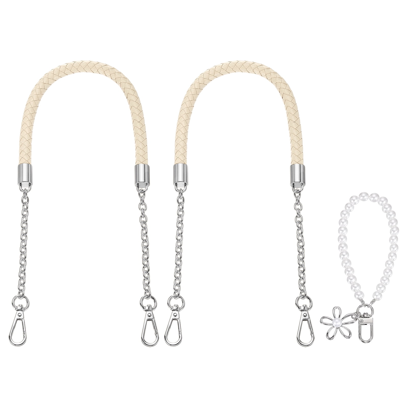 2Pcs PU Leather Chain Purse Strap, 24.4 Inch Braided Purse Handle Replacement with Pearl Pendant for Handbags Underarm Bag Tote (Beige, Silver Buckle)