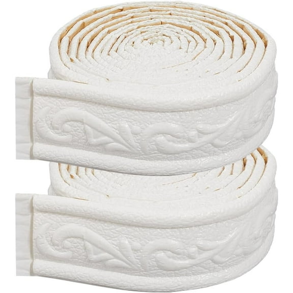 2Pcs PVC Foam 3D Self-Adhesive Waterproof Wallpaper Border Lines Skirting Stickers Wall Trim for Living Room Home Office Hotel DIY Decoration White 4.5cm 2.3m/roll 1 roll/pc