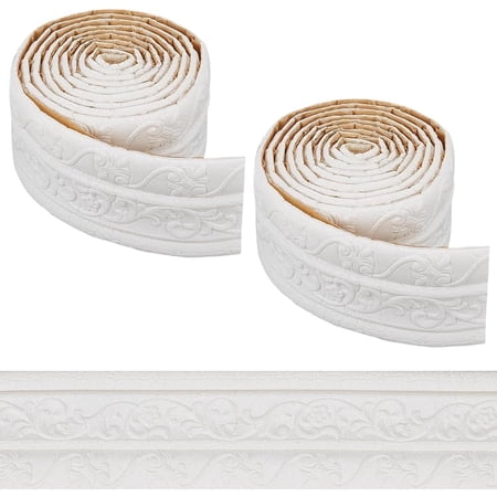 2Pcs PVC Foam 3D Self-Adhesive Waterproof Wallpaper Border Lines Skirting Stickers Wall Trim for Living Room White 8cm 2.3m/roll 1 roll/pc