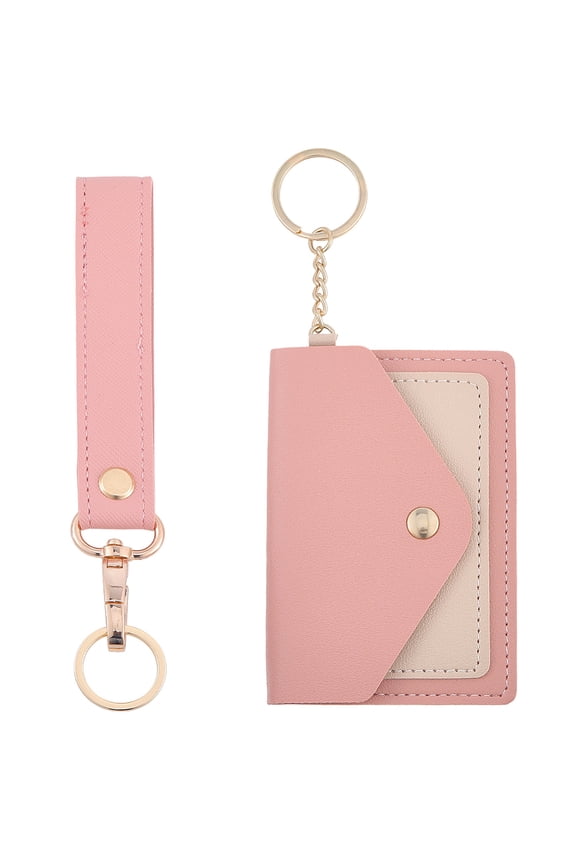 2Pcs PVC Leather Card Bags with Visible Window and Alloy Key Rings Rectangle with 2Pcs Leather Keychains Pink 175mm Bag: 10.9x7.6x0.8cm