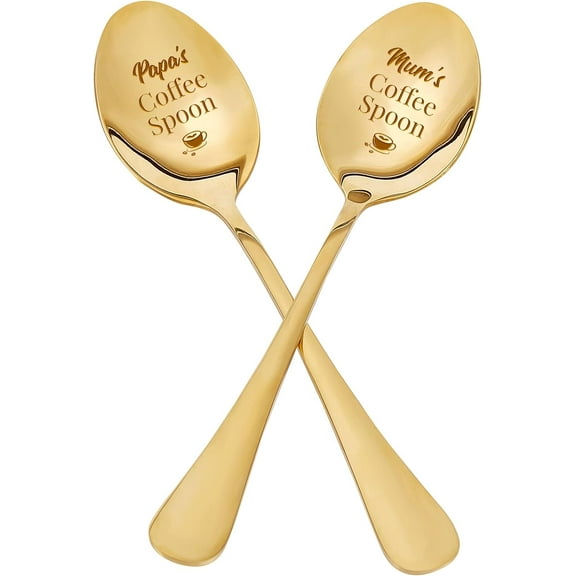 2Pcs Papa's & Mum's Coffee Spoon with Gift Box Golden Engraved Stainless Steel Table Spoons for Friends Families Festival Christmas Birthday Wedding7.2''