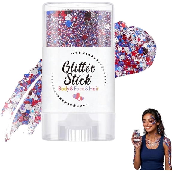 2Pcs Patriotic Body Glitter Stick, Face Hair Glitter, Red White and Blue Glitter Stick, 4th of July Decorations, 4th of July Outfits for Women, Independence Day Glitter Makeup(#F)