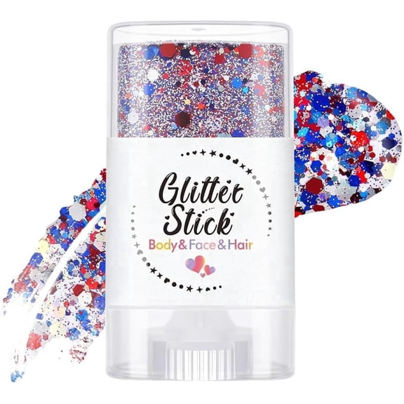 2Pcs Patriotic Body Glitter Stick, Face Hair Glitter, Red White and Blue Glitter Stick, 4th of July Decorations, 4th of July Outfits for Women, Independence Day Glitter Makeup(#C)