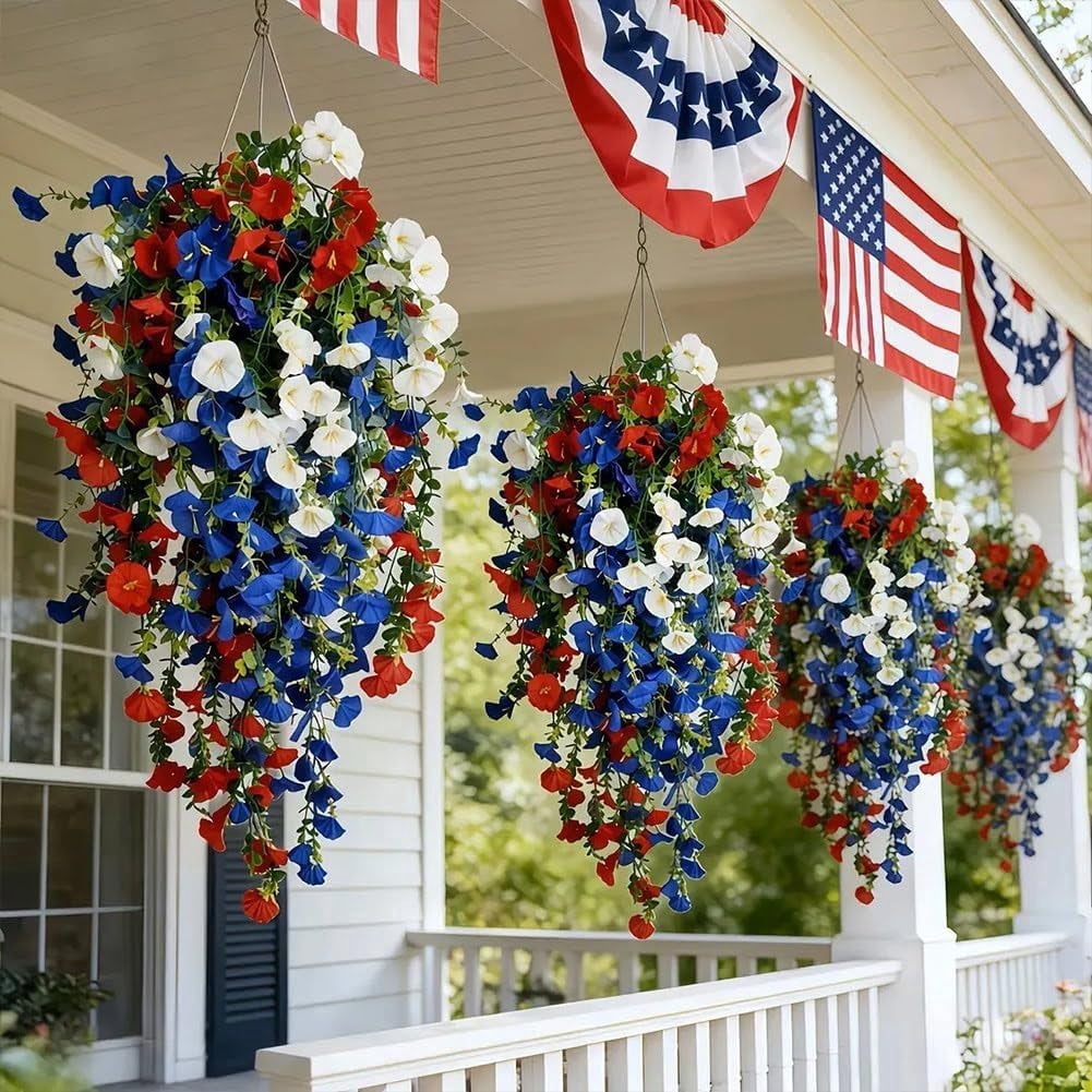 Patriotic Hanging Flower Baskets 2pcs Red White Blue Artificial Flowers Outdoor Fake Porch Trailing Flowers For 250th Anniversary Decor (2Pcs)