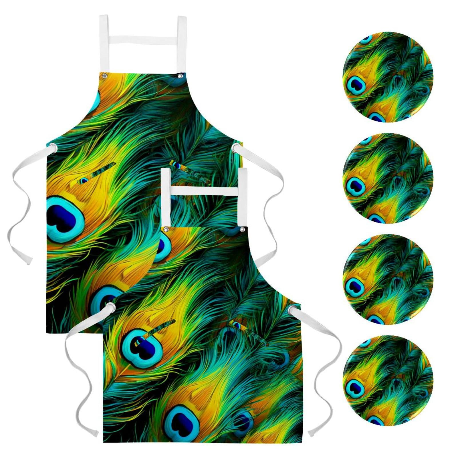 2Pcs Peacock Feathers Versatile Aprons Set Kitchen, Baking,Cooking