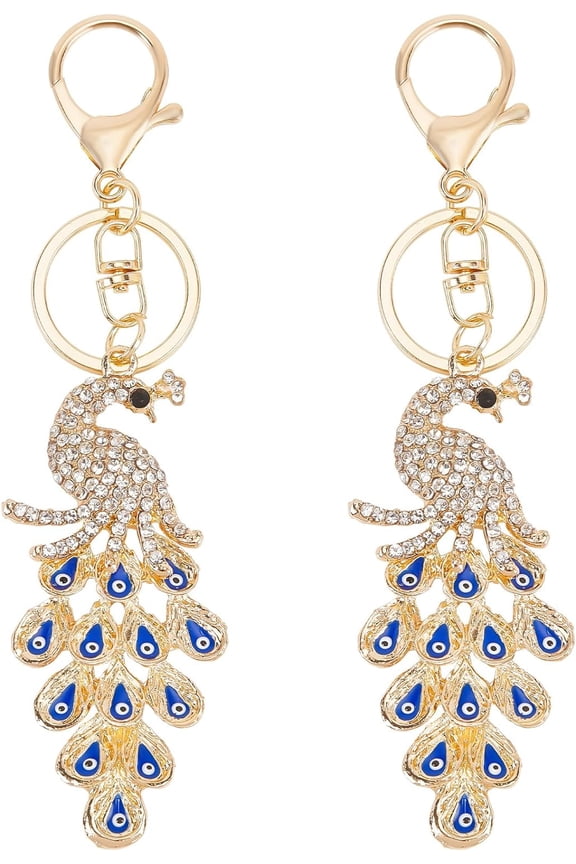 2Pcs Peacock Keychains Pendants Rhinestone Keychain Alloy Golden Car Key Ring Charm Keyrings for Purse Car Earphone Bag Wallet Backpack Decorations Party Favors Bulk