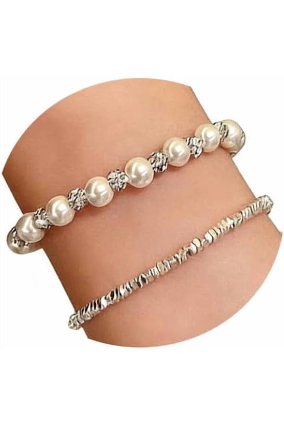 2Pcs Pearl Bracelets for Women Cute Pearl Crushed Silver Beaded Bracelet Starry Sky Couple BFF Bracelet Shiny Zircon Pearl Bracelet Dainty Jewelry Gifts