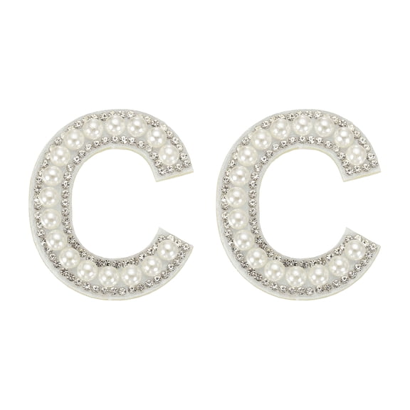 2Pcs Pearl Iron-on Letters Patches, Adhesive C Letter Patches Bling Rhinestone Sew on Alphabet Embroidered Applique for DIY Craft Clothes Hats Bags Shoes Pillows, White