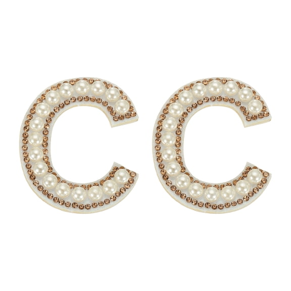 2Pcs Pearl Iron-on Letters Patches, Adhesive C Letter Patches Bling Rhinestone Sew on Alphabet Embroidered Applique for DIY Craft Clothes Hats Bags Shoes Pillows, White Gold