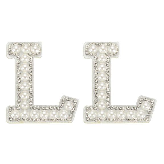 2Pcs Pearl Iron-on Letters Patches, Adhesive L Letter Patches Bling Rhinestone Sew on Alphabet Embroidered Applique for DIY Craft Clothes Hats Bags Shoes Pillows, White