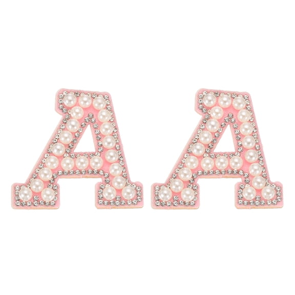 2Pcs Pearl Iron-on Letters Patches, Adhesive A Letter Patches Bling Rhinestone Sew on Alphabet Embroidered Applique for DIY Craft Clothes Hats Bags Shoes Pillows, Pink White